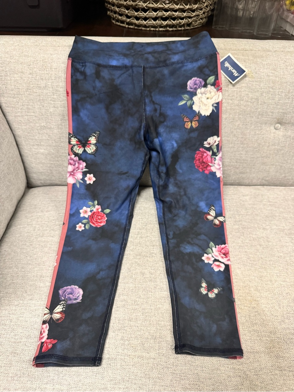 Revolution Girls' Navy Floral & Butterfly Leggings with Pink Side Trim